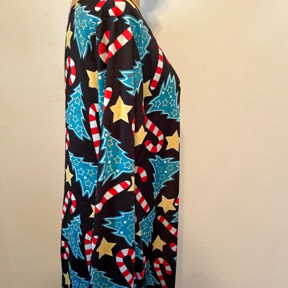 Christmas dress with bright colors, candy canes and trees large
